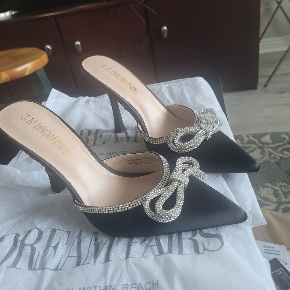 Dream Pairs Black Satin Heels with Rhinestone Bow High HE